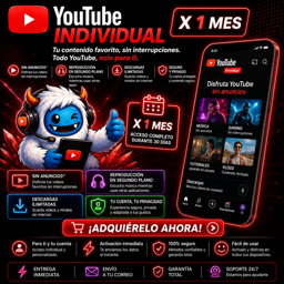 Imagen de YOUTUBE PREMIUN (INDIVIDUAL) - X1 MES - A TU CORREO
